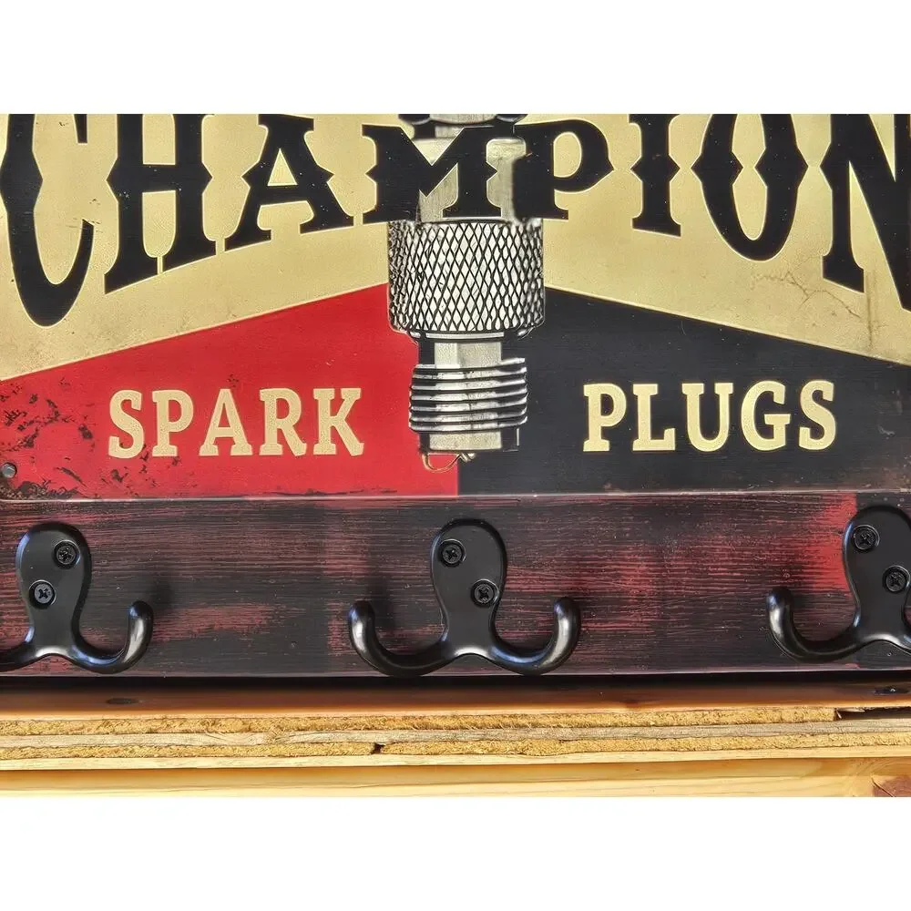 Champion Spark Plug Sign, Rustic, Mounted on Solid Wood, Hooks, Handmade, New